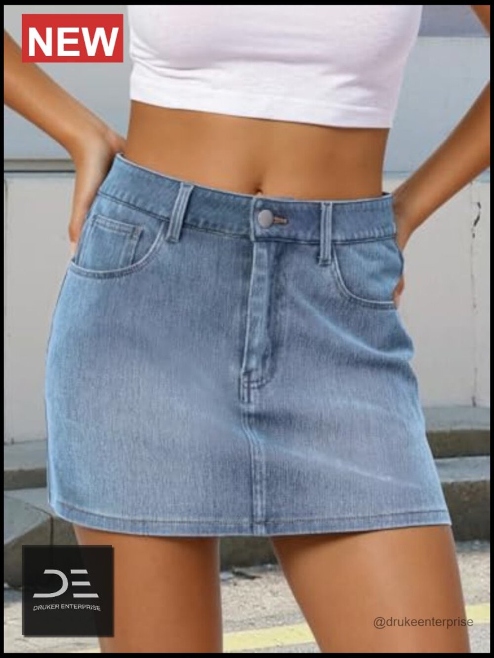 Stretch Casual Denim Mini Skirt with Pockets Zip Fly - Picture 3 of 7